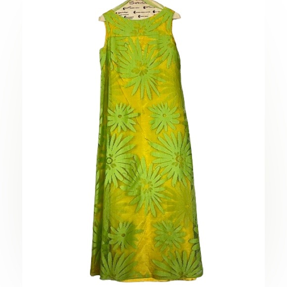 Vintage 60's Lime Green Floral Trapeze Mesh Lace Shift Dress Mod Flower Power - Picture 8 of 16